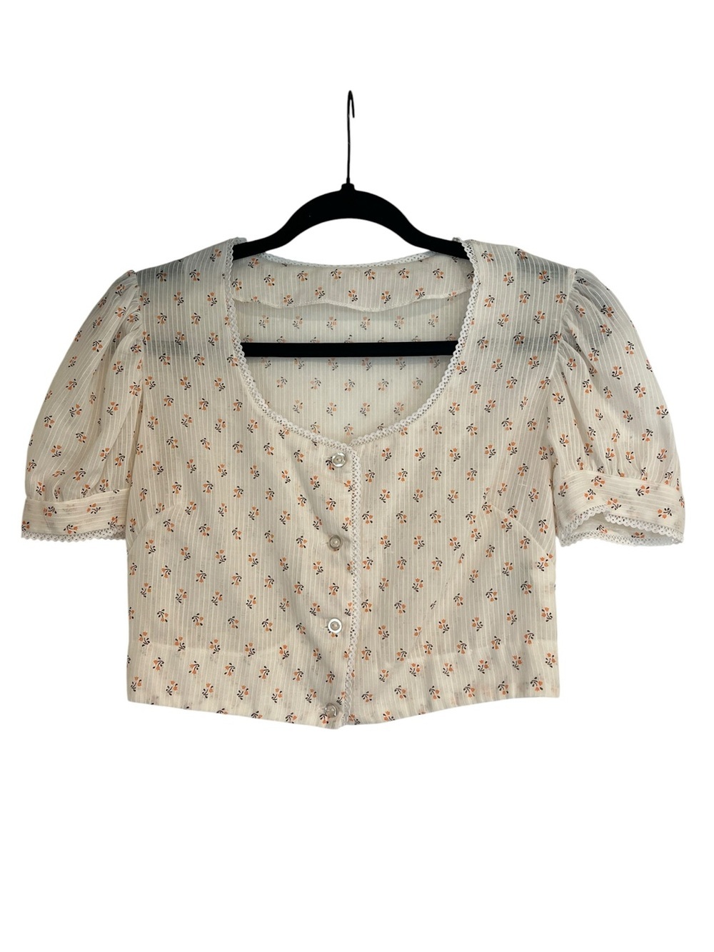 Handmade Vintage Inspired Floral Coastal Puff Sleeve Button-Front Crop Top-S